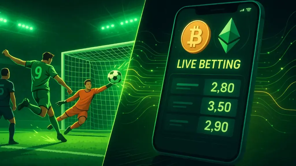 Apuestas en vivo con criptomonedas mostrando partido de fútbol y cuotas cambiantes en smartphone con Bitcoin