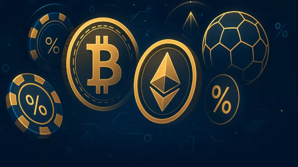 Criptomonedas Bitcoin y Ethereum combinadas con fichas de casino y elementos de apuestas deportivas representando bonos