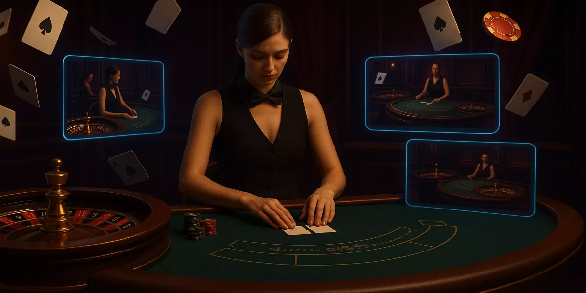 Casino en vivo con crupier profesional: mesa de blackjack, ruleta y cartas flotantes en ambiente lujoso
