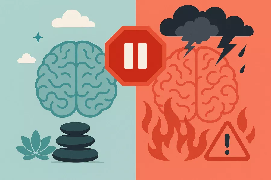Ilustración de control emocional en apuestas mostrando cerebro calmado versus cerebro en tilt