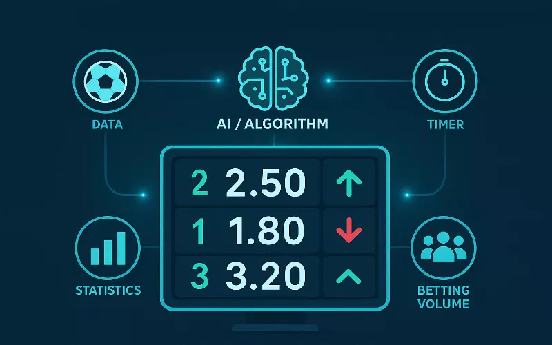 Infografía del algoritmo de cuotas en tiempo real mostrando variables de datos y fluctuación de probabilidades