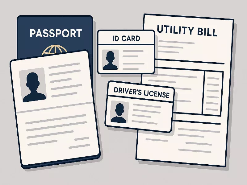 Documentos aceptados para verificación KYC: pasaporte, DNI, carnet de conducir, factura de servicios y extracto bancario