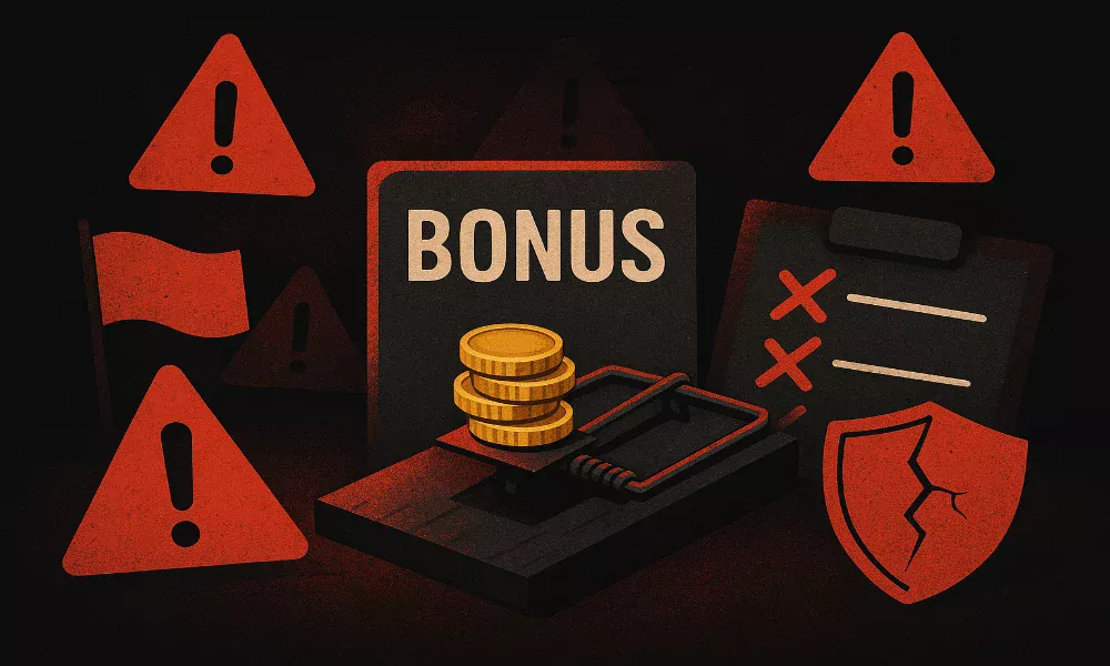 Ilustración de advertencia mostrando señales de alerta y errores comunes en bonos de apuestas