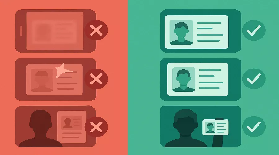 Comparación visual de errores comunes en verificación KYC y sus soluciones correctas