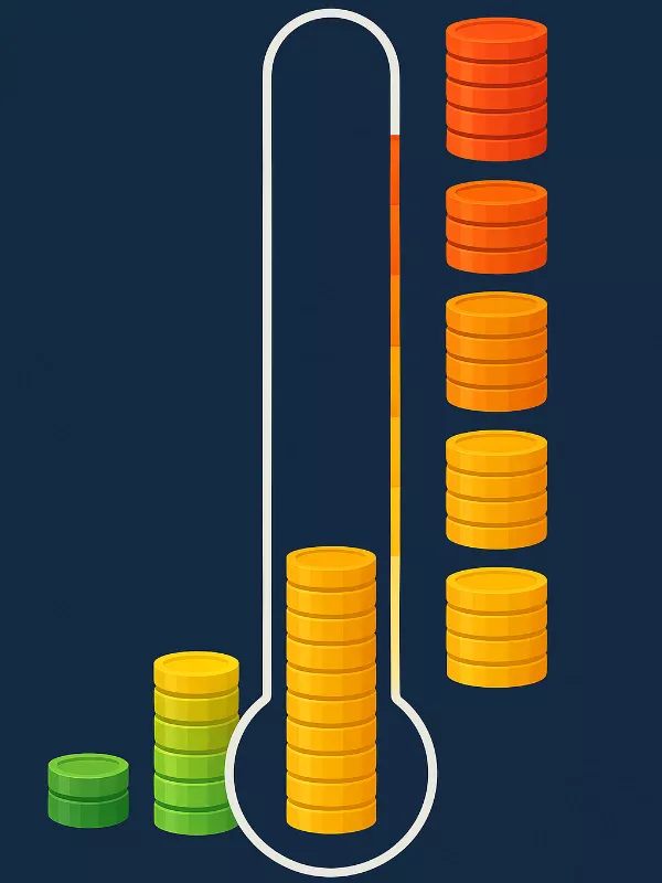 Escala visual de stakes del 1 al 10 representada como termómetro con niveles de confianza en apuestas