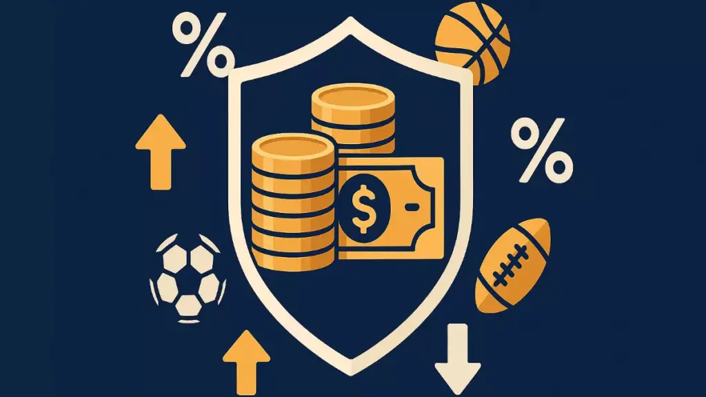 Guía completa de gestión de bankroll en apuestas deportivas con escudo protegiendo dinero y símbolos de porcentajes