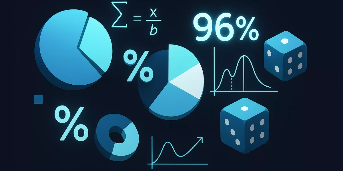 Matemática del casino: gráficos de probabilidad, porcentajes RTP y dados en composición abstracta