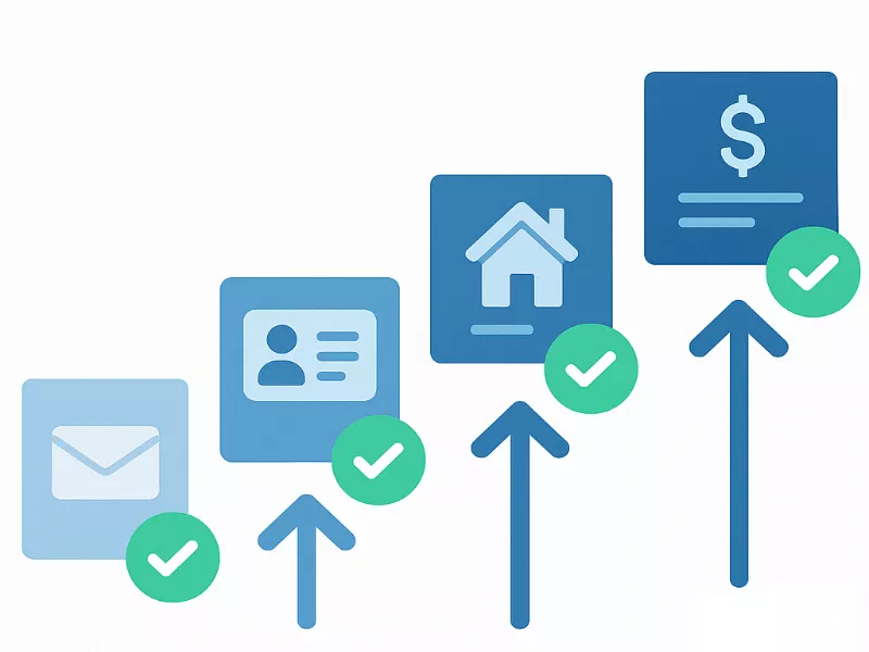 Infografía de los 4 niveles de verificación KYC: email, identidad, domicilio y fuente de fondos