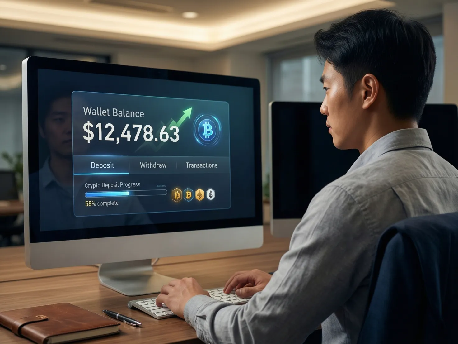 Persona revisando su billetera digital y opciones de depósito en pantalla de computadora