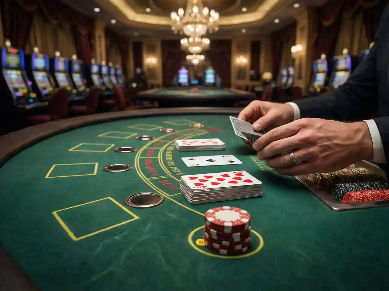 Mesa de blackjack en vivo con cartas repartidas y crupier atendiendo