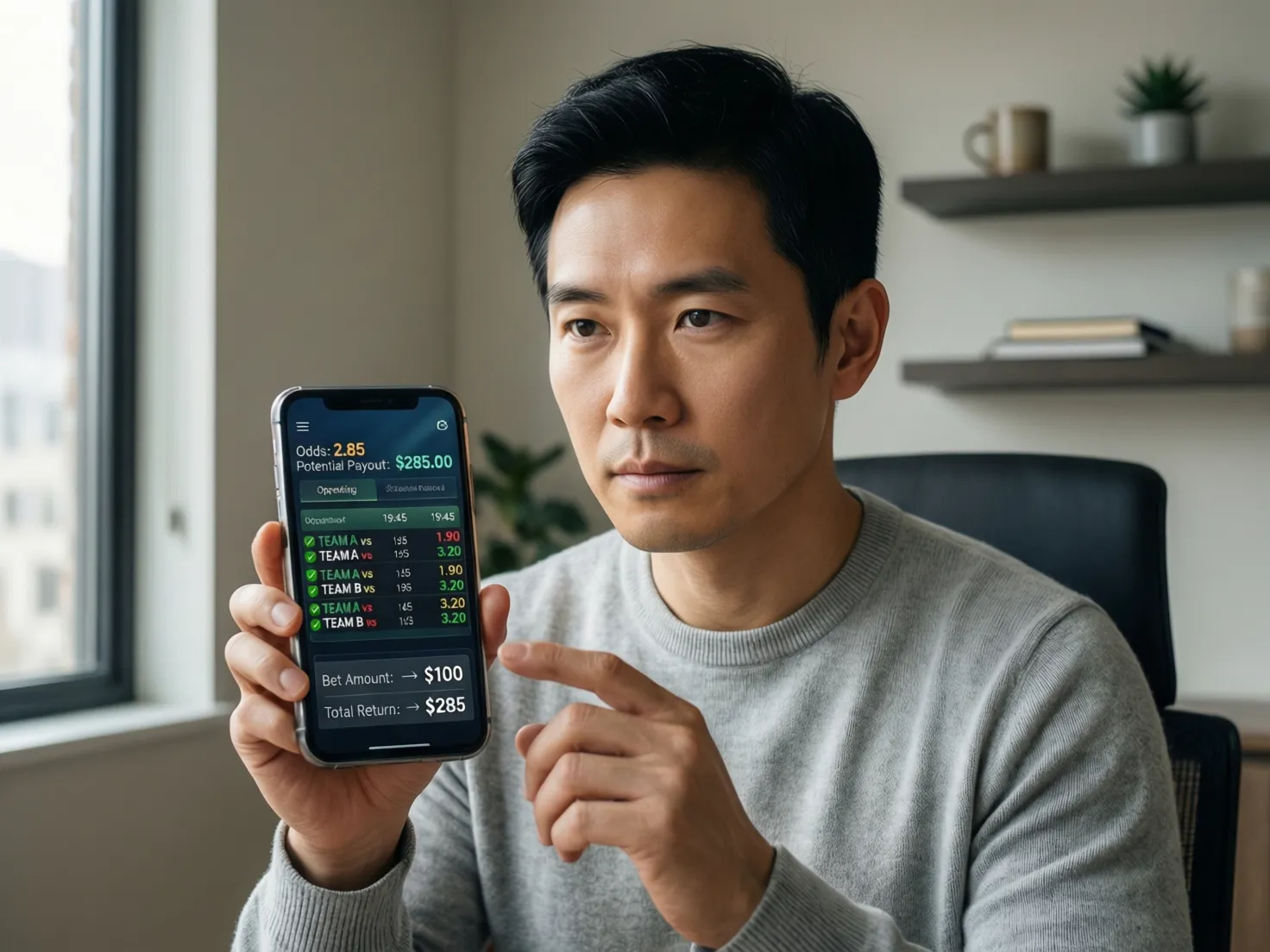 Persona calculando potenciales ganancias de apuesta en dispositivo electrónico
