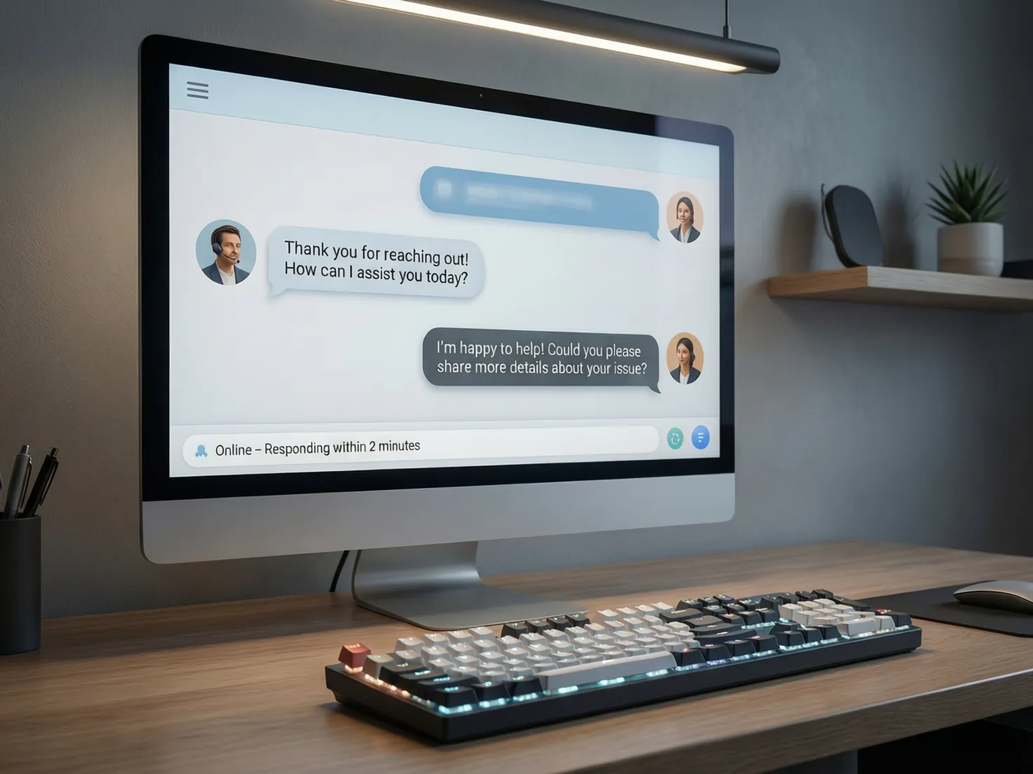Interfaz de chat de soporte al cliente en pantalla de computadora