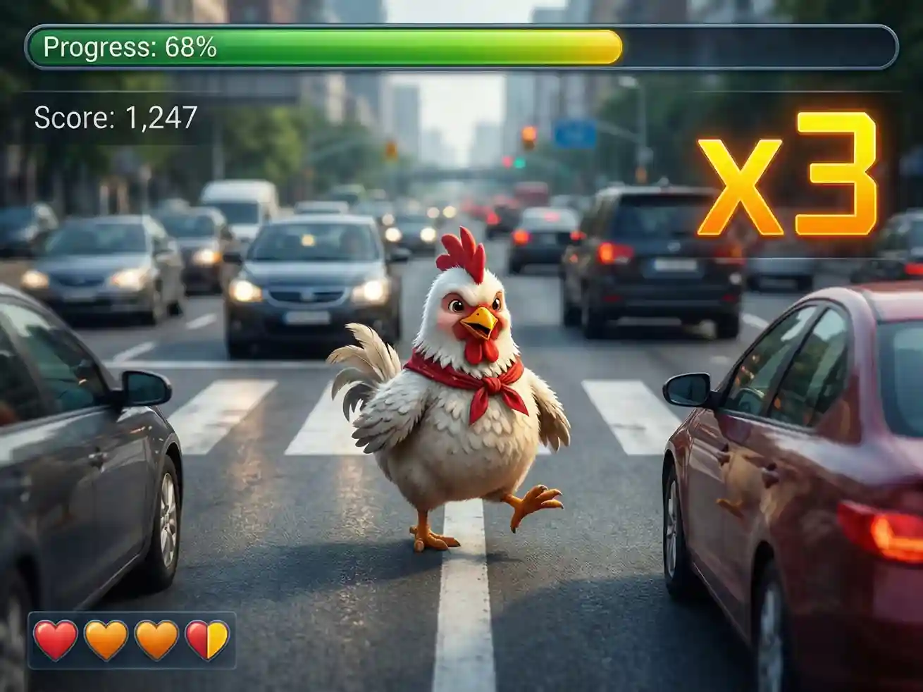 Pantalla de juego mostrando escenario de carretera con carriles y personaje de pollo
