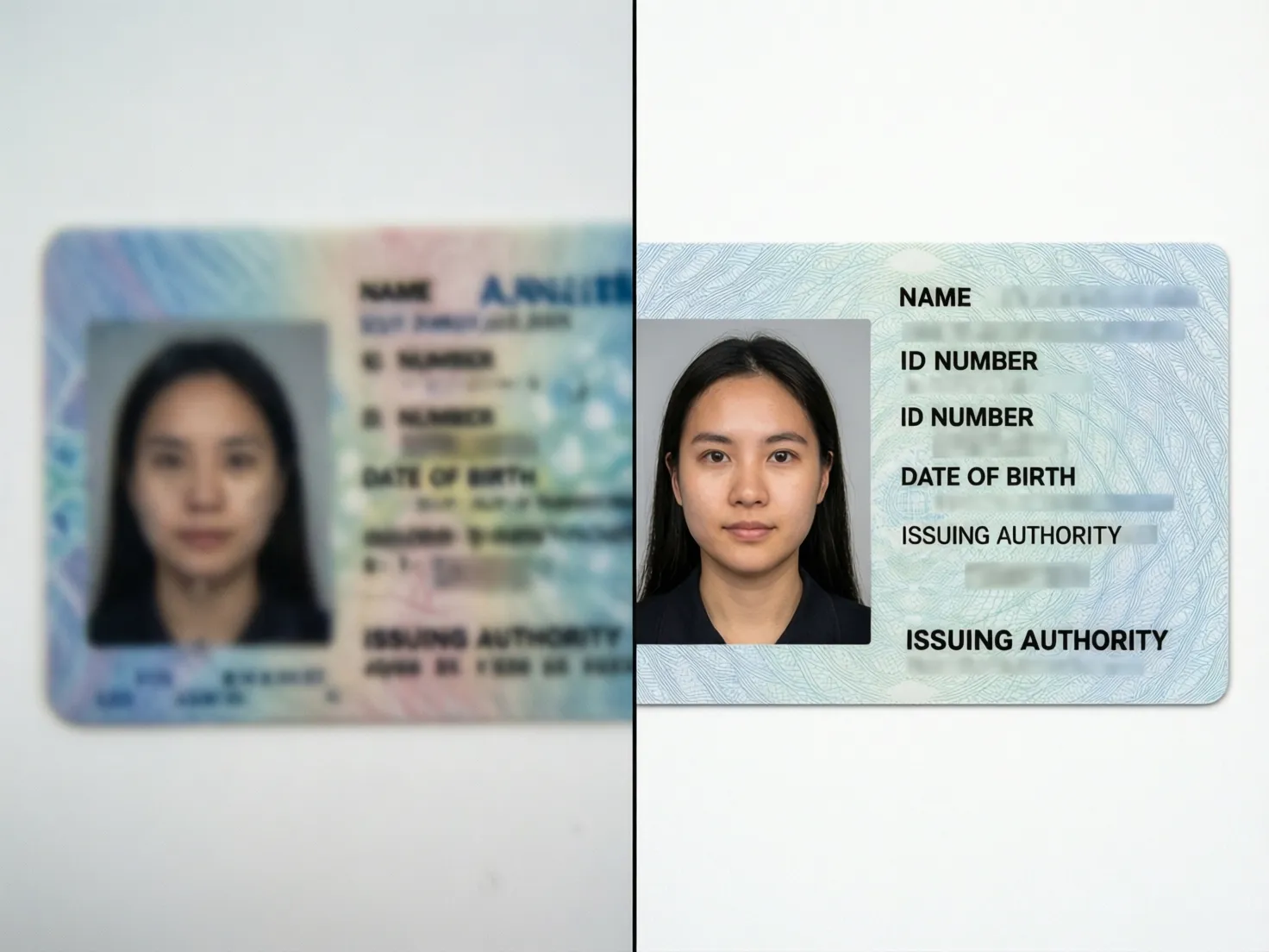 Comparación entre fotografía borrosa y fotografía clara de documento de identidad