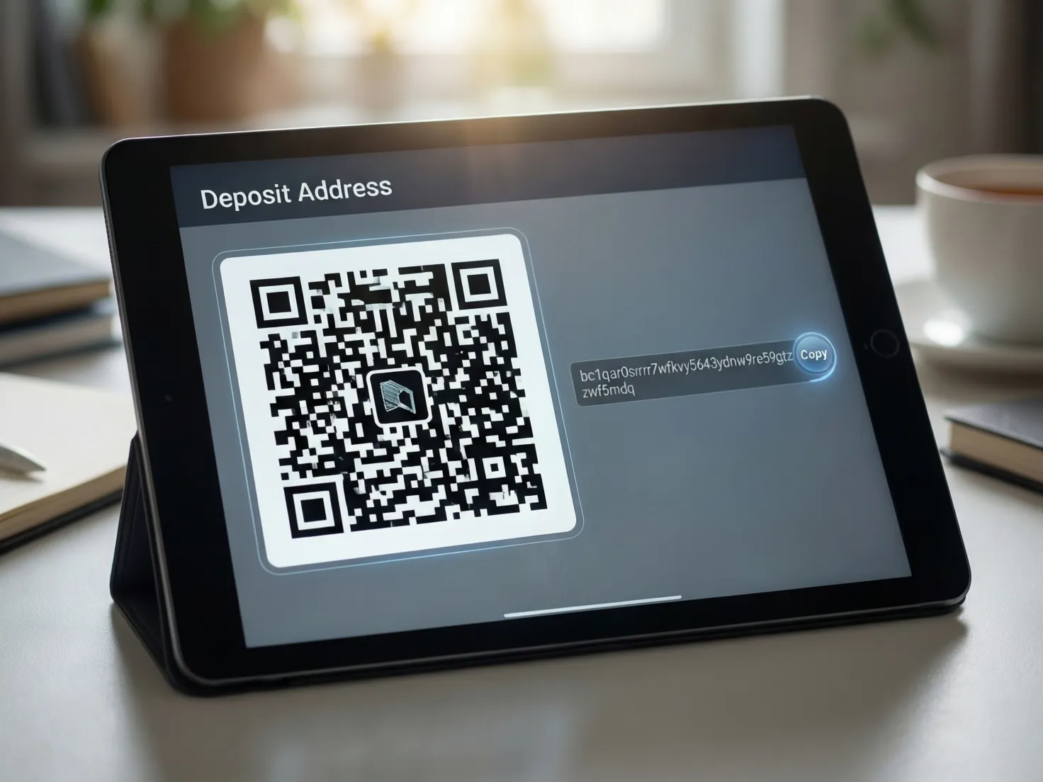 Pantalla mostrando código QR y dirección de depósito de criptomonedas