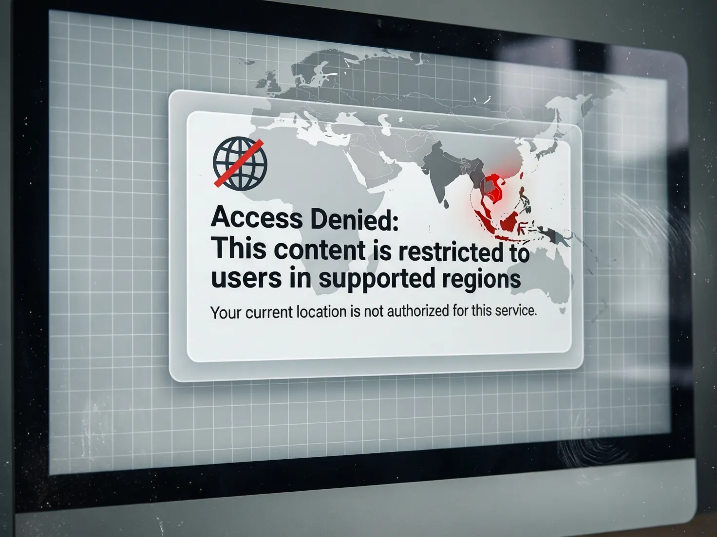 Pantalla de computadora mostrando mensaje de restricción geográfica
