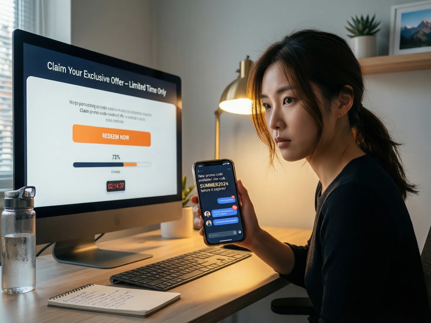 Persona revisando smartphone con notificaciones de Telegram junto a computadora de escritorio