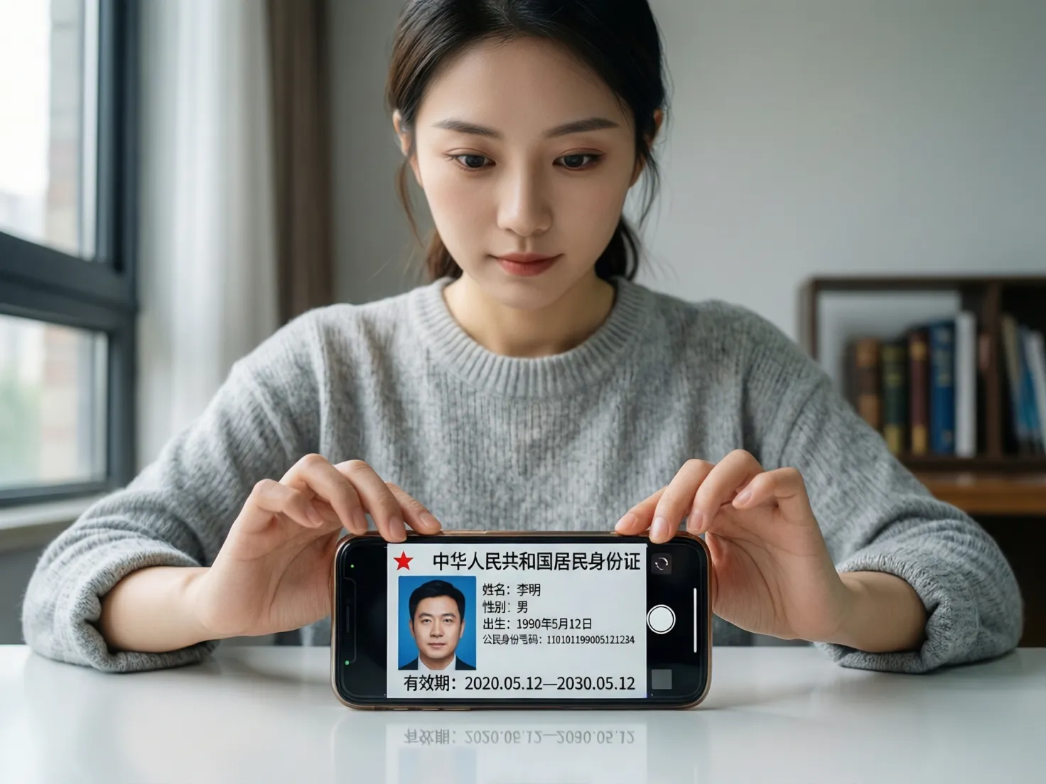 Persona fotografiando su documento de identidad con smartphone para verificación