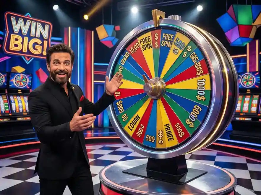 Presentador de game show junto a rueda de premios colorida en estudio de televisión