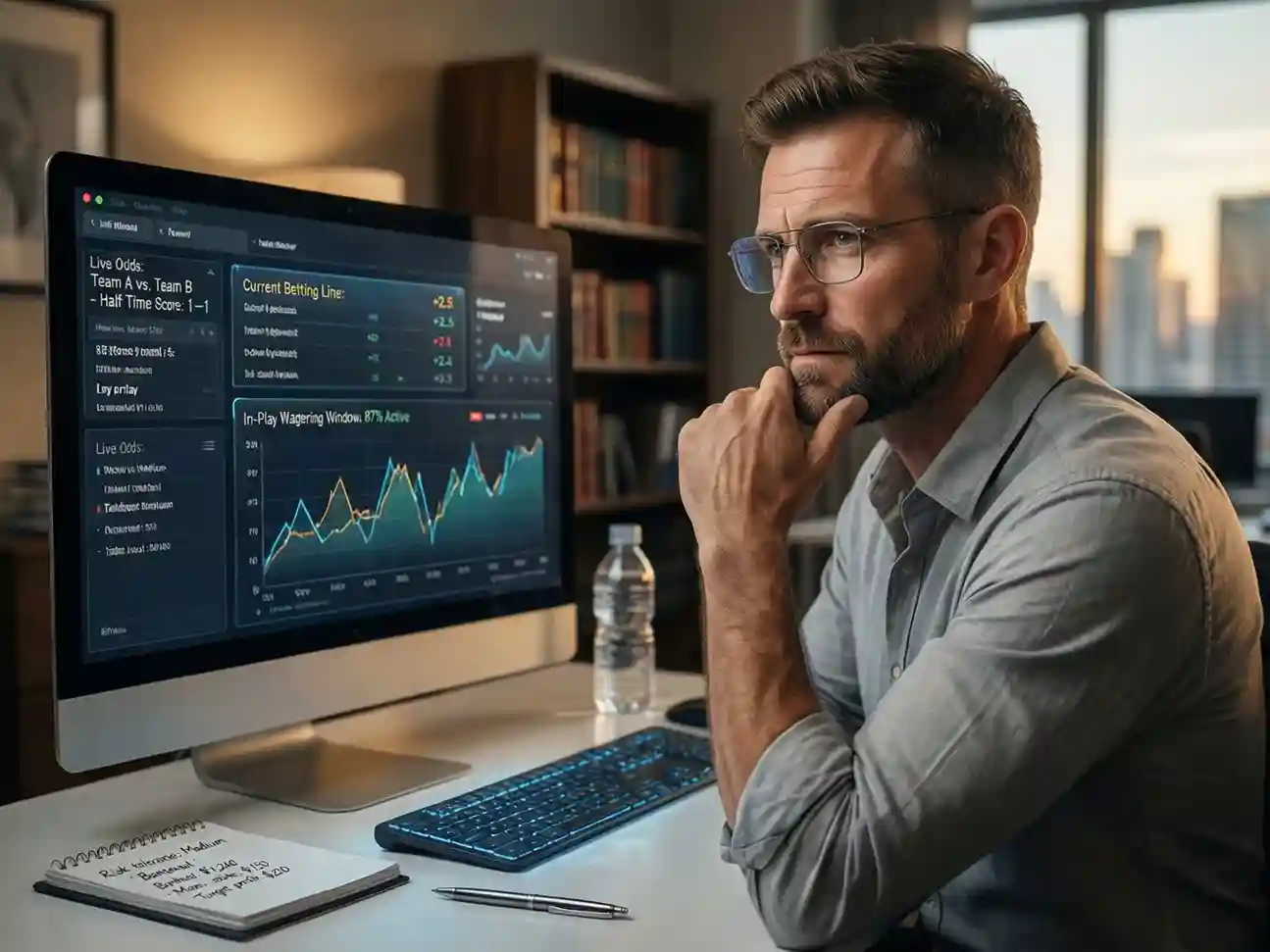 Persona concentrada analizando estadísticas en pantalla antes de realizar apuesta