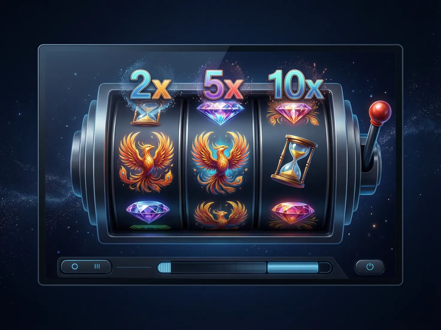 Pantalla de tragamonedas con diseño artístico distintivo y multiplicadores visibles
