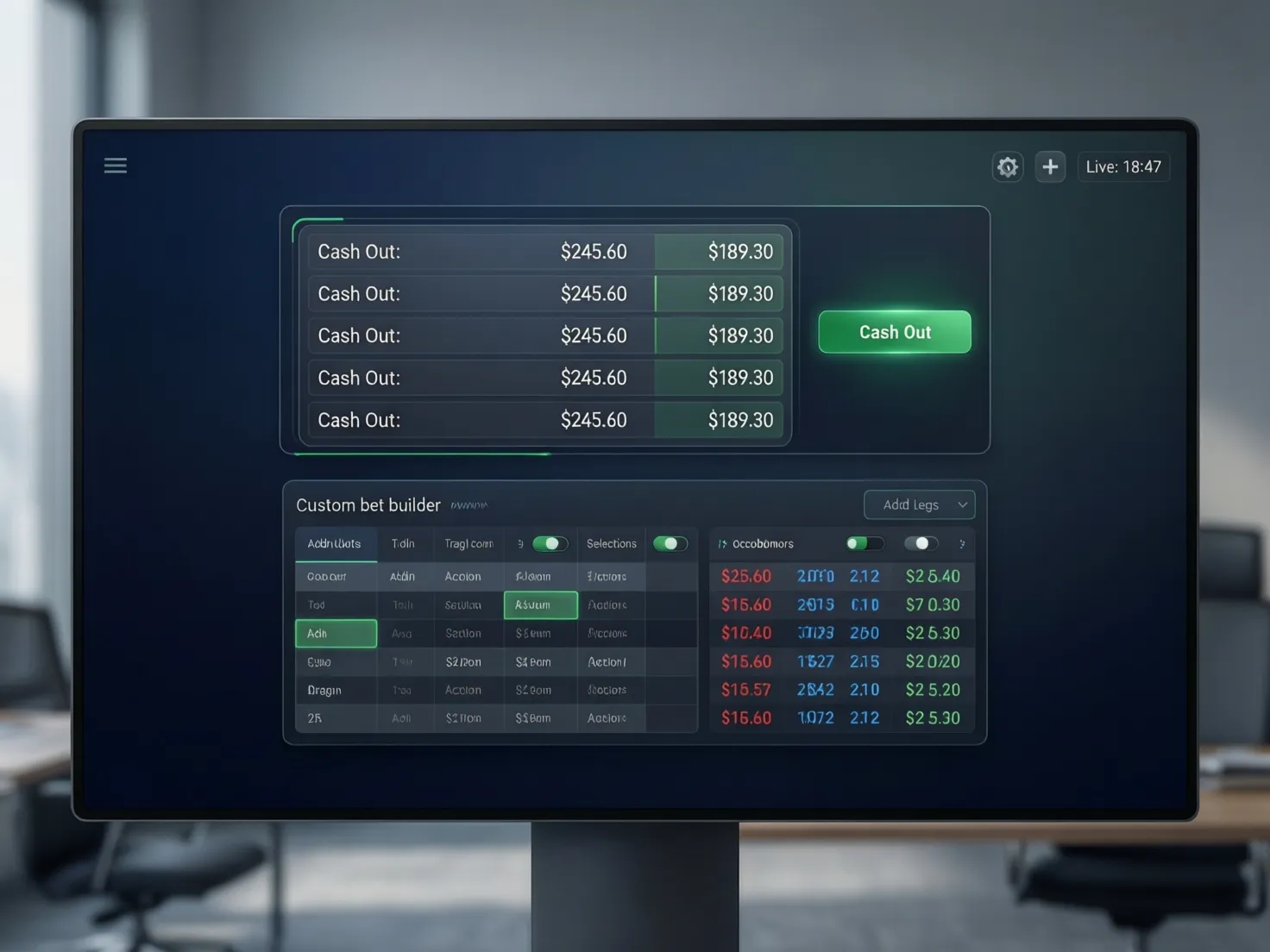 Pantalla mostrando opciones de cash out y constructor de apuestas en interfaz deportiva