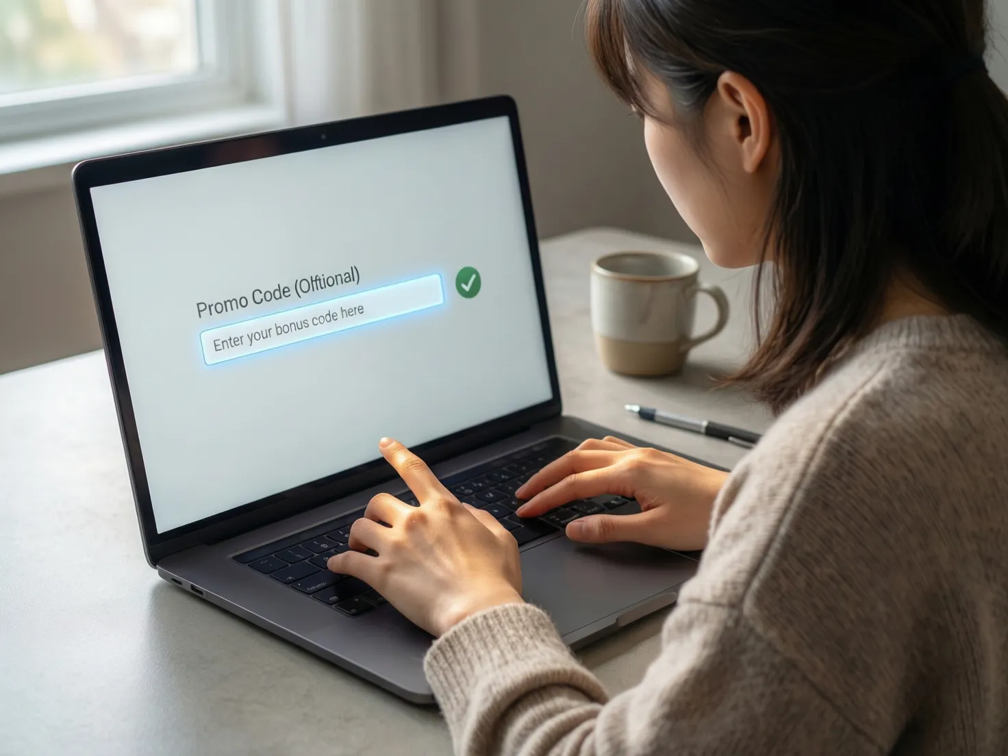 Persona ingresando código promocional en formulario de registro en laptop