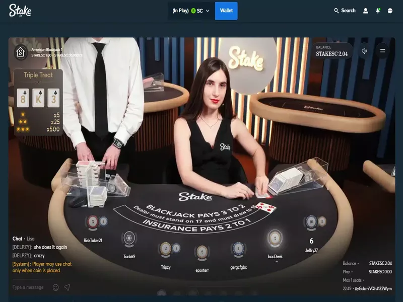 Mesa de blackjack en vivo con dealer profesional y chat