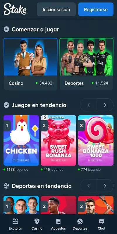 Versión móvil de Stake en iPhone mostrando interfaz responsive