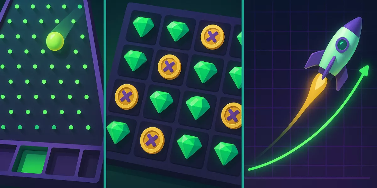 Stake Originals: juegos Plinko, Mines y Crash con multiplicadores y diseño neón