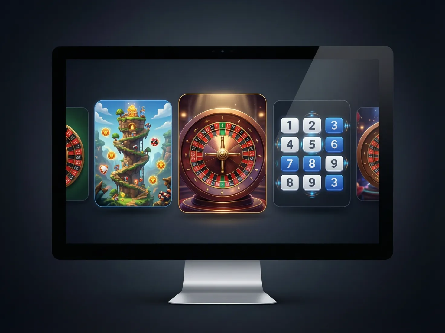 Collage de diferentes juegos originales incluyendo iconos de Dragon Tower, Wheel y Keno