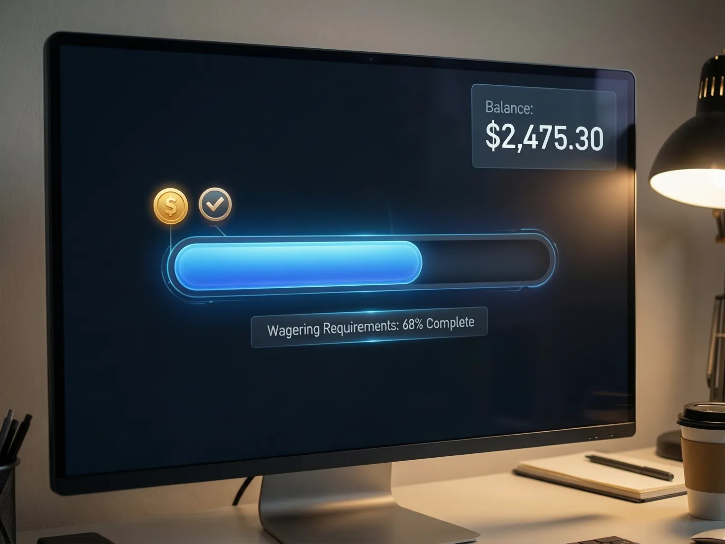 Pantalla mostrando barra de progreso de requisitos de apuesta y rollover
