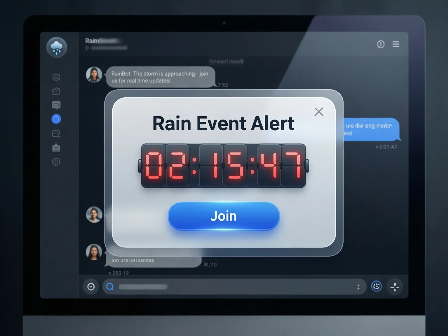 Interfaz de chat mostrando notificación de rain con botón para participar y cuenta regresiva