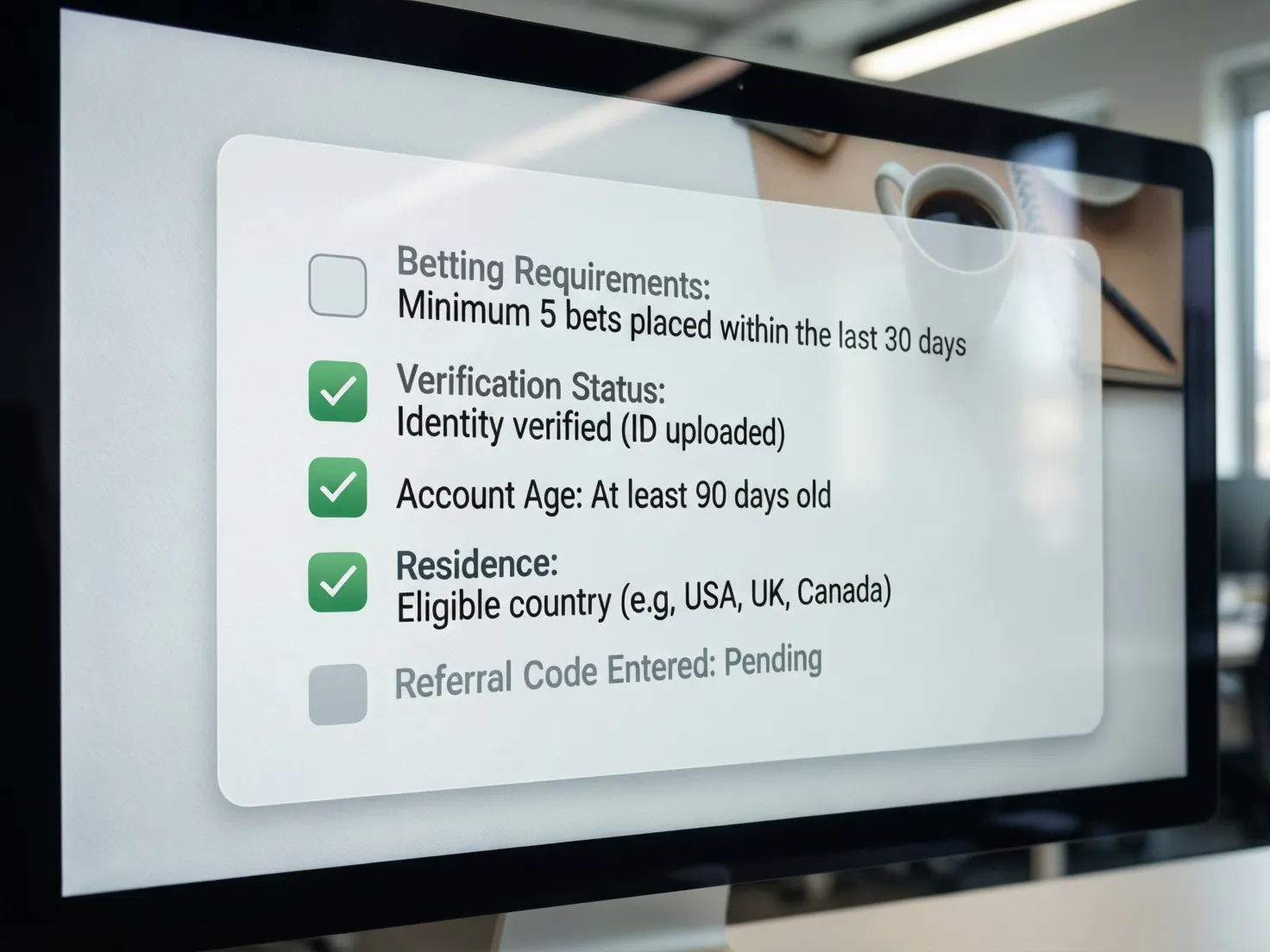 Pantalla mostrando lista de requisitos de elegibilidad con marcas de verificación
