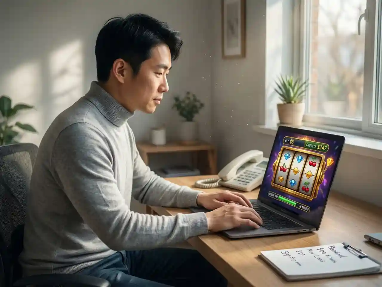 Persona jugando tragamonedas en laptop con expresión concentrada y control de sesión