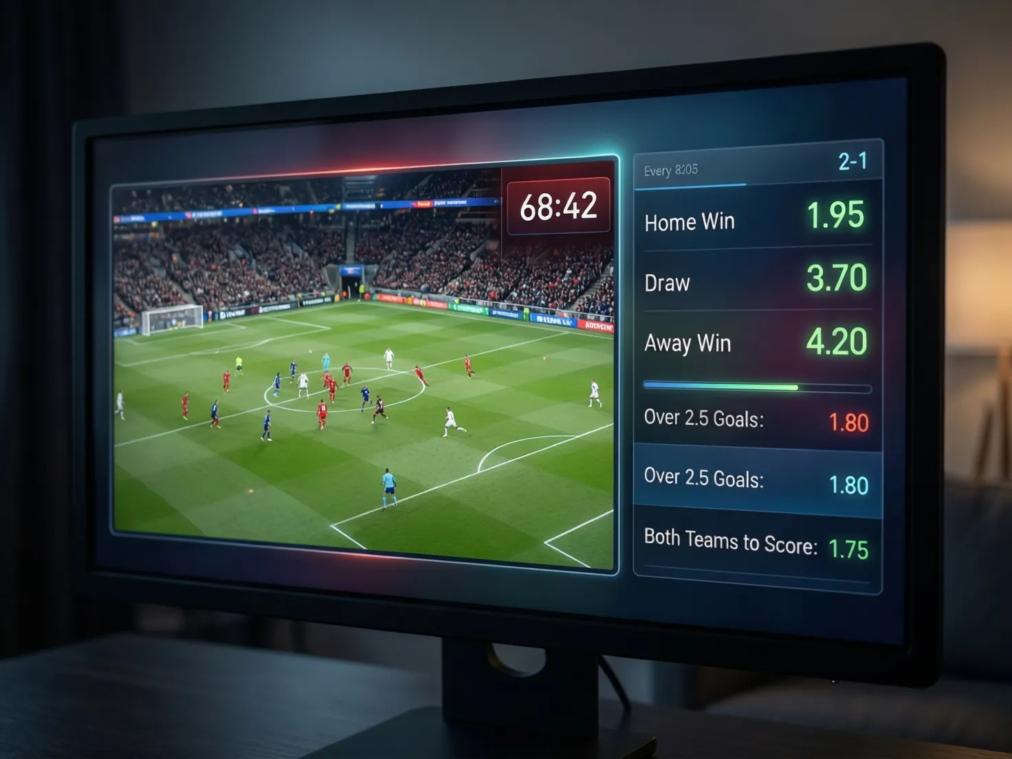 Pantalla mostrando transmisión de partido en vivo junto a cuotas de apuestas actualizándose