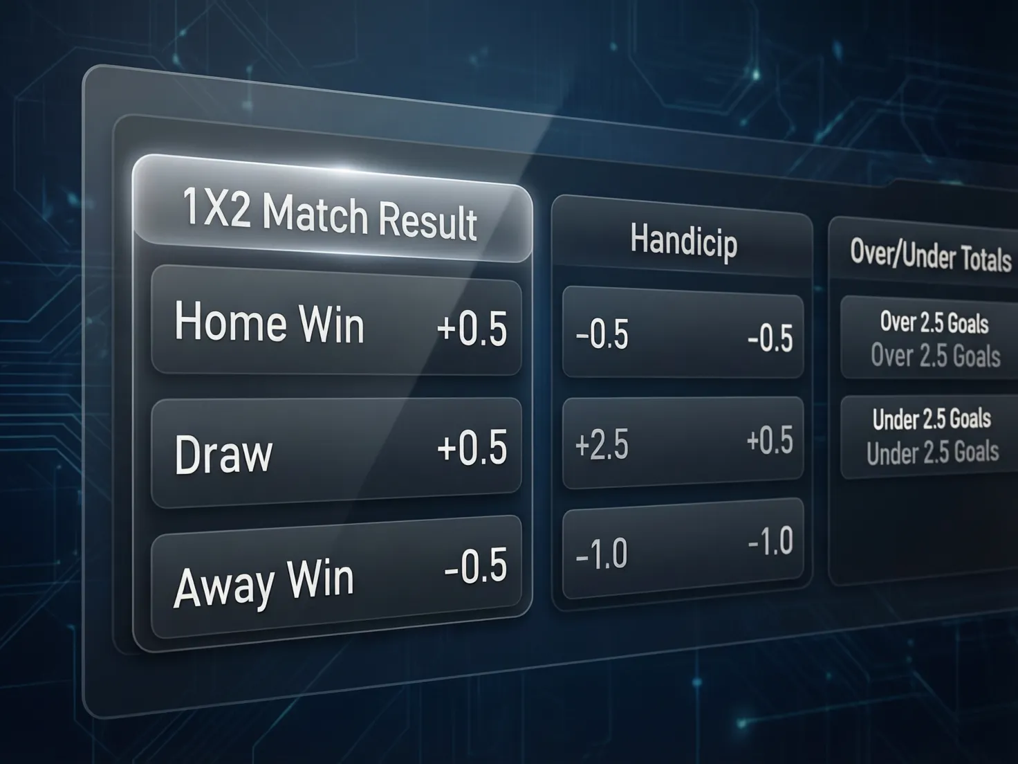 Interfaz mostrando diferentes tipos de apuestas como 1X2, hándicap y totales