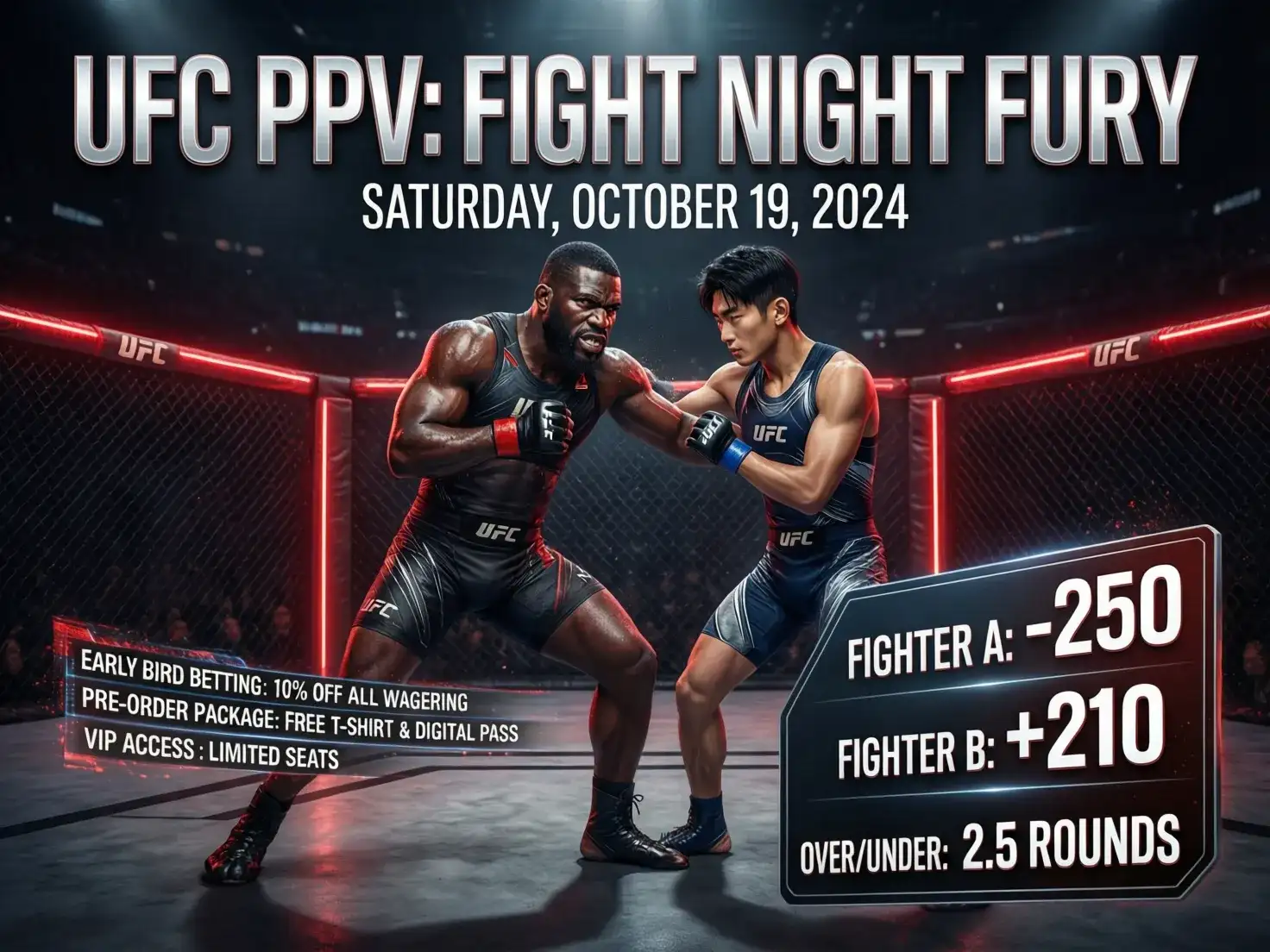 Cartel de evento UFC pay-per-view con promociones especiales de apuestas
