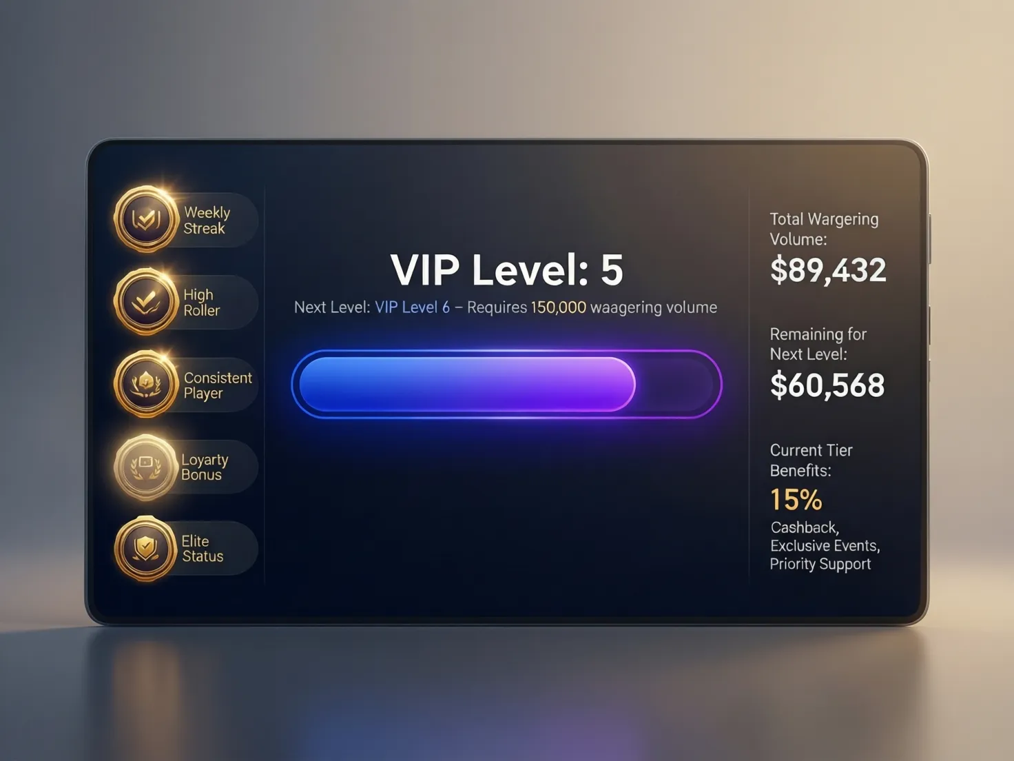 Pantalla mostrando barra de progreso VIP con estadísticas de apuestas y nivel actual