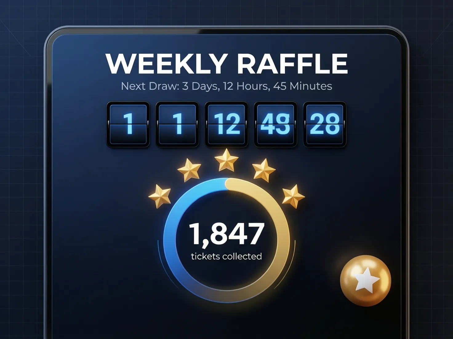 Interfaz de sorteo semanal mostrando tickets acumulados y cuenta regresiva