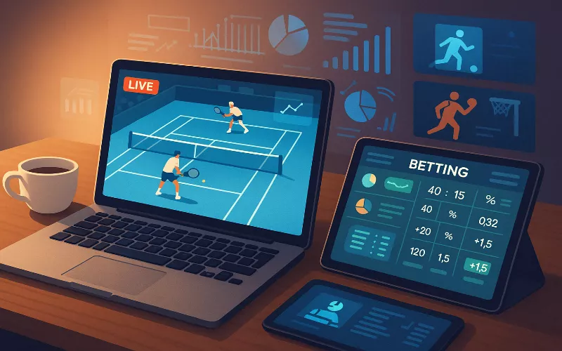 Configuración de streaming deportivo con laptop mostrando partido de tenis y tablet con estadísticas en tiempo real