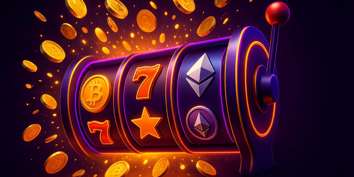 Tragamonedas con criptomonedas: máquina slot con símbolos Bitcoin y explosión de monedas doradas